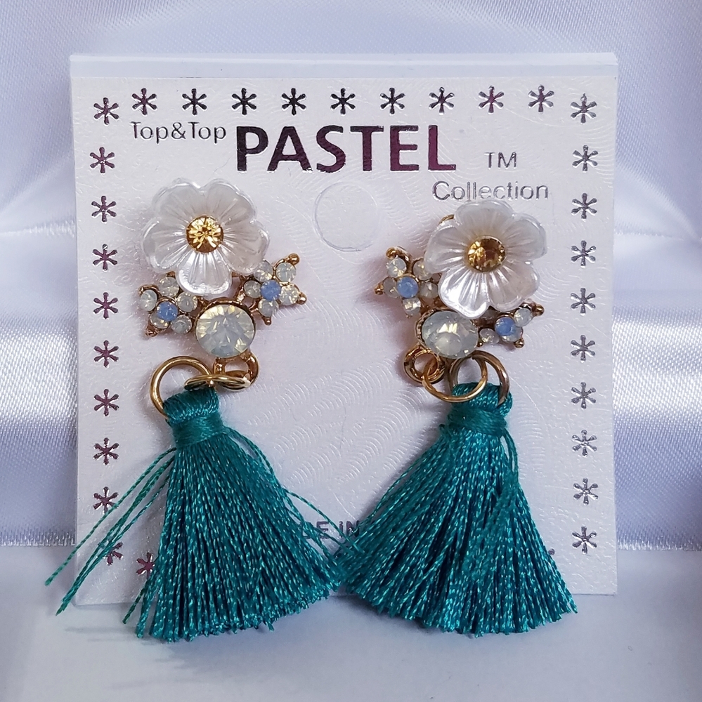Blue Green Tassel Earrings with Flowers